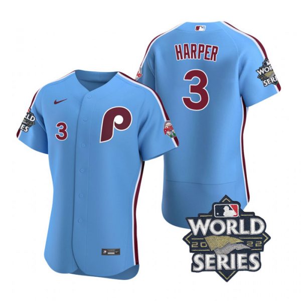 Phillies 3 Bryce Harper Blue Nike 2022 World Series Flexbase Jersey,We sell and wholesale Phillies 3 Bryce Harper Blue Nike 2022 World Series Flexbase Jersey on line form chian!